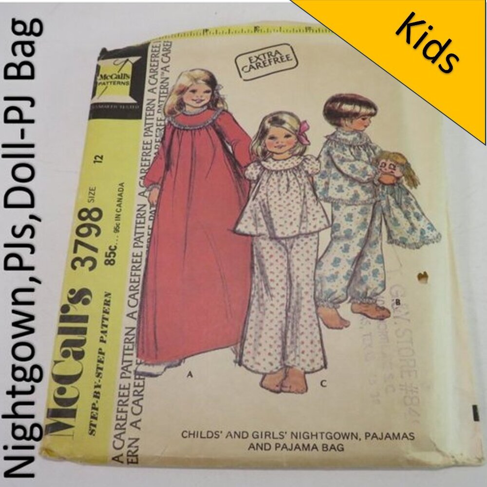 McCall's 3798 kids nightgown, pajama bag/doll, top, shorts, pants sewing pattern